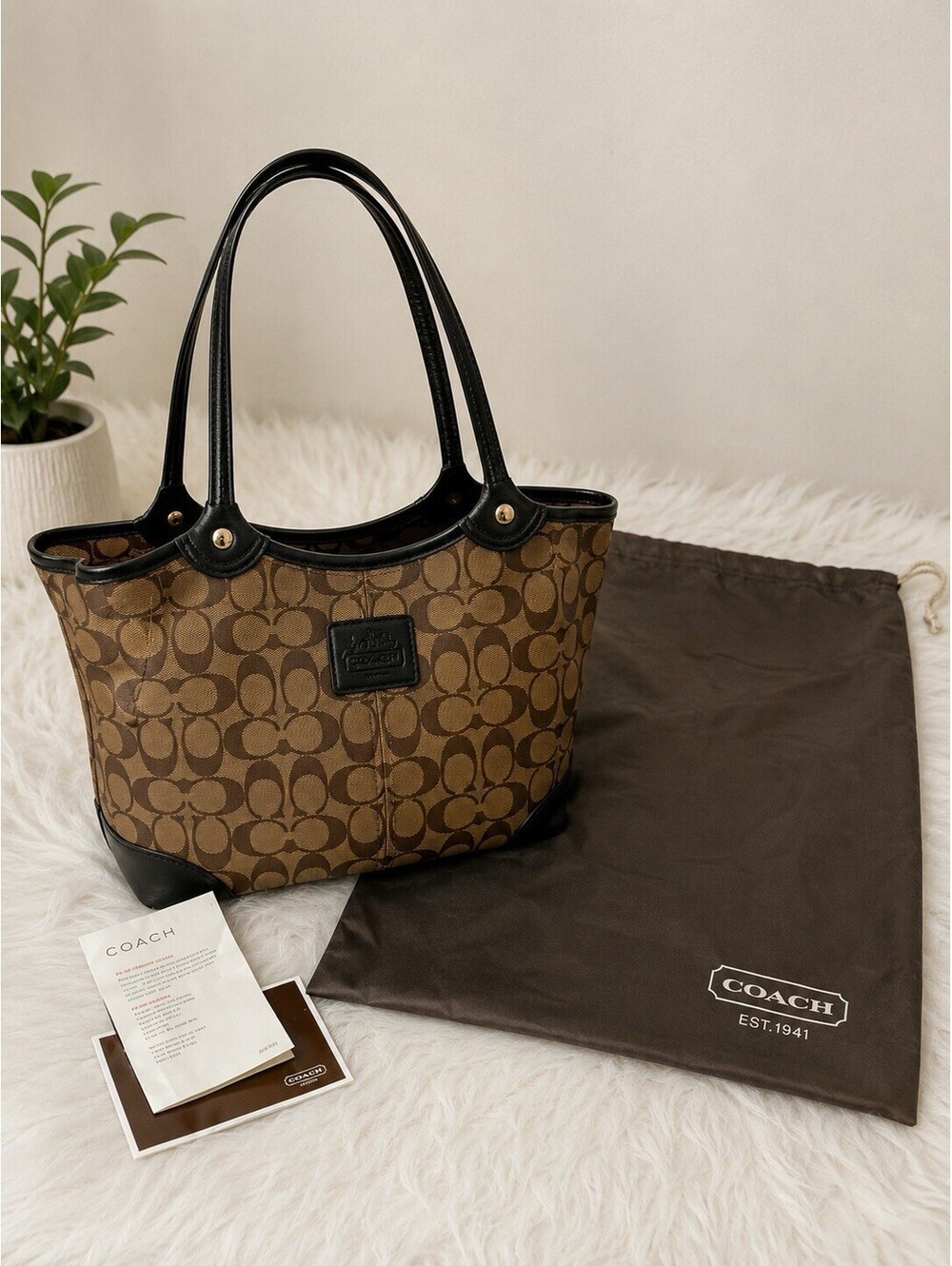 Coach Signature Logo Brown Tote w/ Black Double Handles, Gold Hardware, Dust Bag